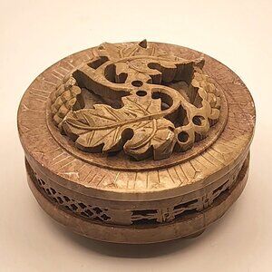 Artisan Grape Leaves Carved Stone Footed Trinket/ Incense Box Made India Vintage